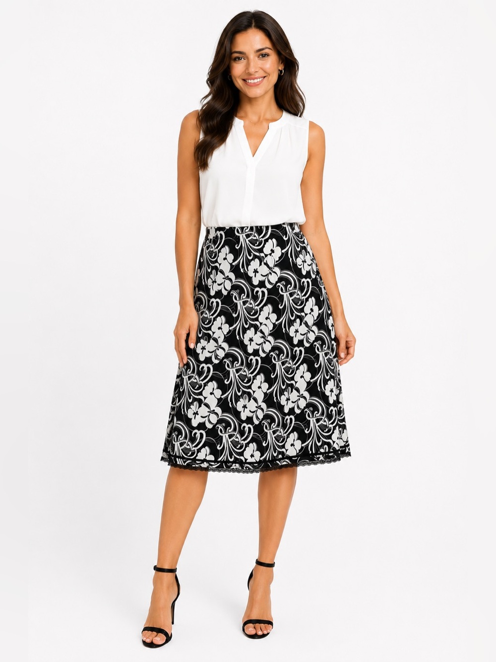 IN HARMONY Women’s Black & White Floral A-Line Skirt Size Small